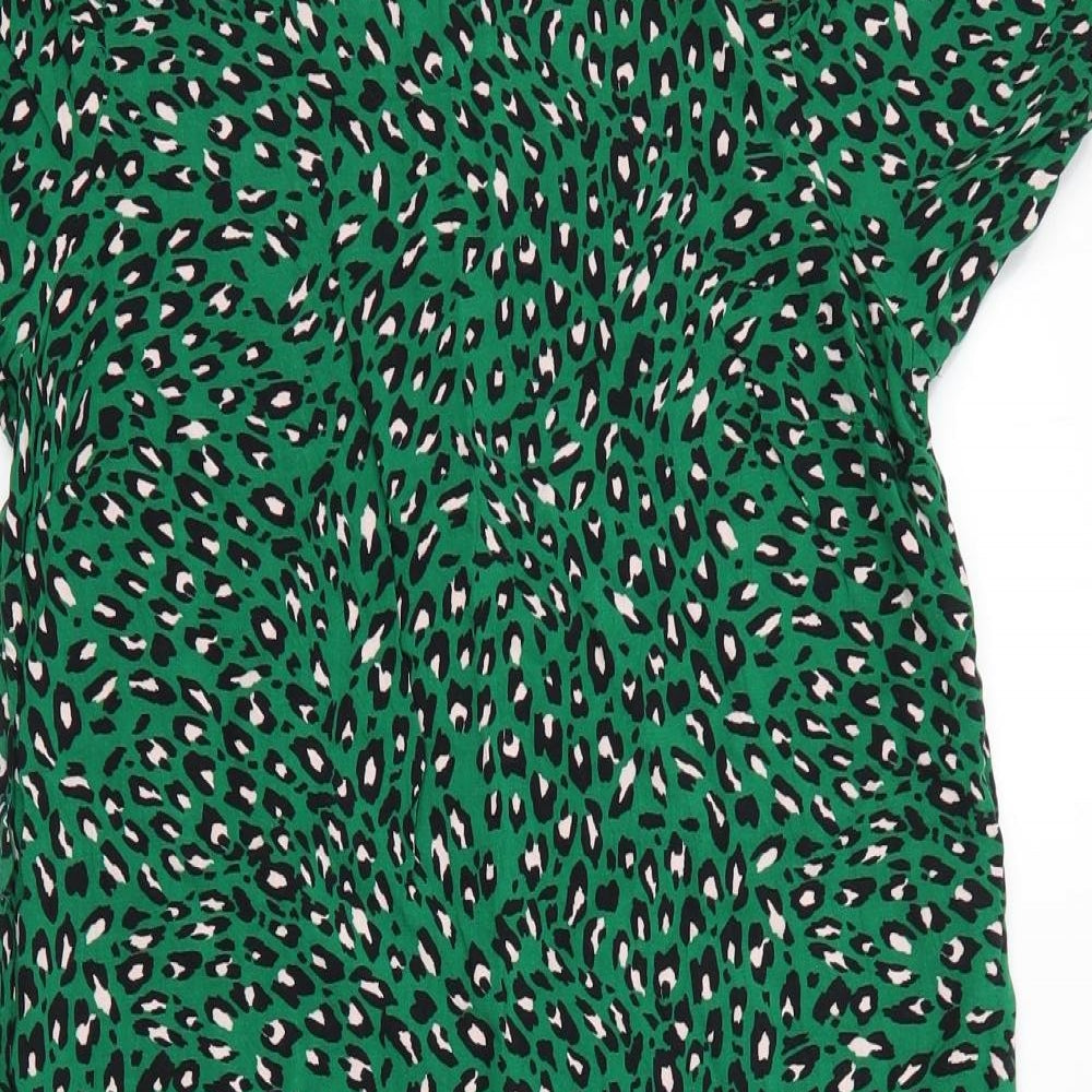 Papaya Womens Green Animal Print Viscose A-Line  Size 10  Round Neck  - Green Black Ivory Elasticed sleeves