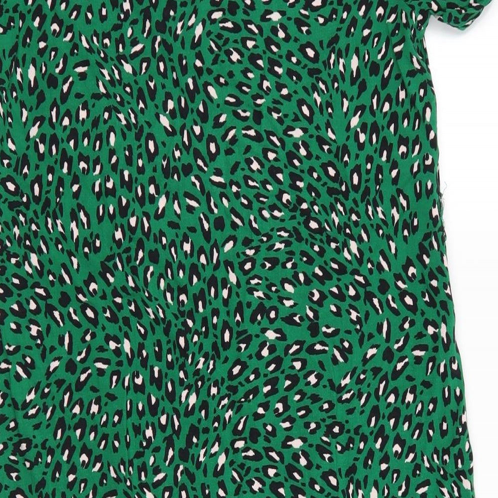Papaya Womens Green Animal Print Viscose A-Line  Size 10  Round Neck  - Green Black Ivory Elasticed sleeves