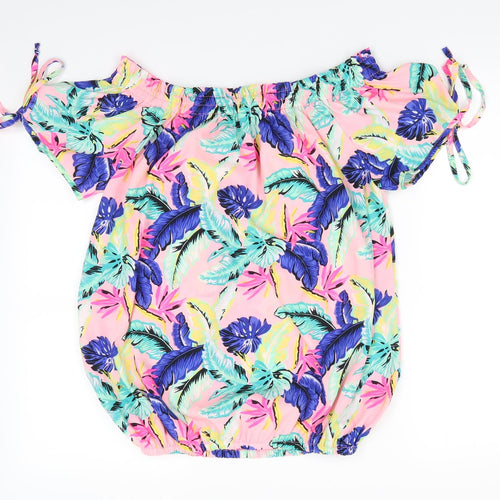 PEP & CO Womens Pink Floral Polyester Basic Blouse Size 16 Off the Shoulder - Pink Blue Yellow Elasticated Hem and Neckline