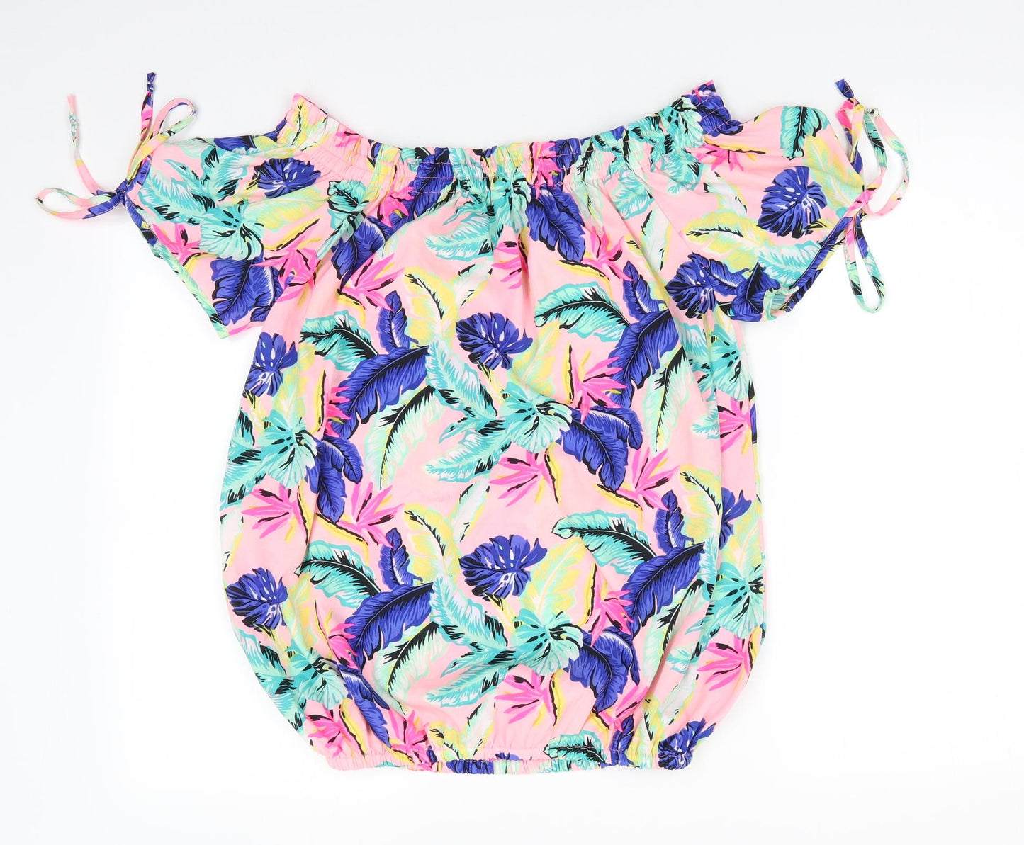 PEP & CO Womens Pink Floral Polyester Basic Blouse Size 16 Off the Shoulder - Pink Blue Yellow Elasticated Hem and Neckline