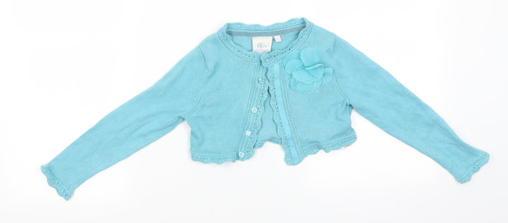 MW Butterfly Girl Girls Blue Round Neck Floral Cotton Cardigan Jumper Size 5-6 Years   - Faux Flower - Turquoise
