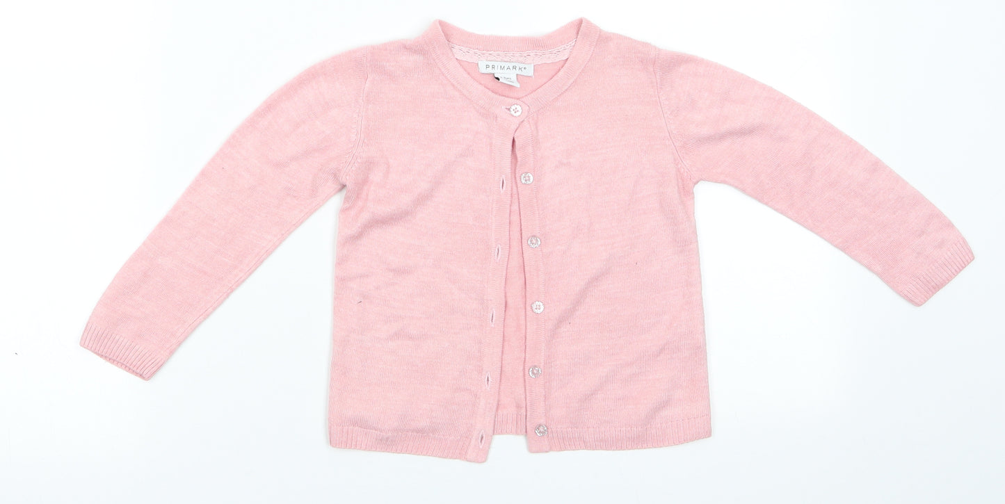 Primark Girls Pink Round Neck  Acrylic Cardigan Jumper Size 2-3 Years   - Glittery Buttons