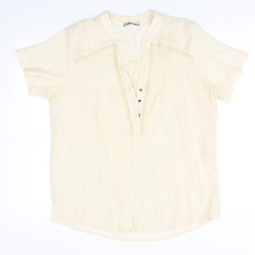 Preworn Womens Beige  Viscose Basic Blouse Size M Round Neck