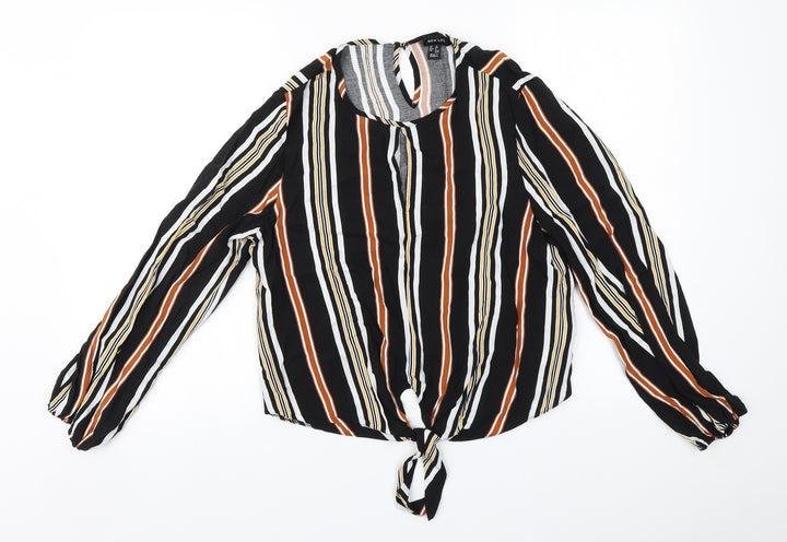 New Look Womens Black Striped Viscose Basic Blouse Size 12 Round Neck