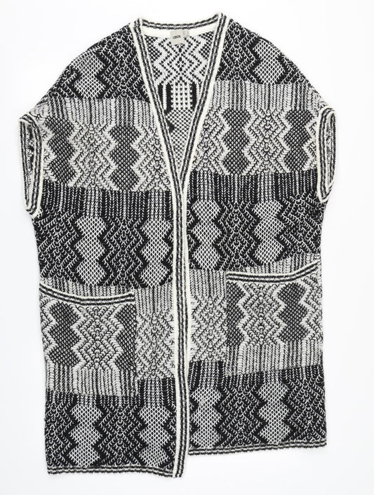 Front view of ASOS women’s black round neck fair isle acrylic cardigan jumper, size S