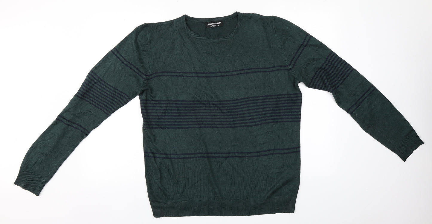Cedar Wood State Mens Brown Round Neck Striped Acrylic Pullover Jumper Size M
