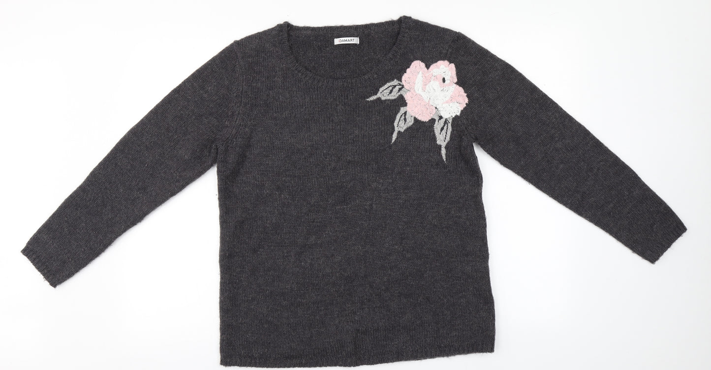 Damart Womens Grey Round Neck Floral Acrylic Pullover Jumper Size 14