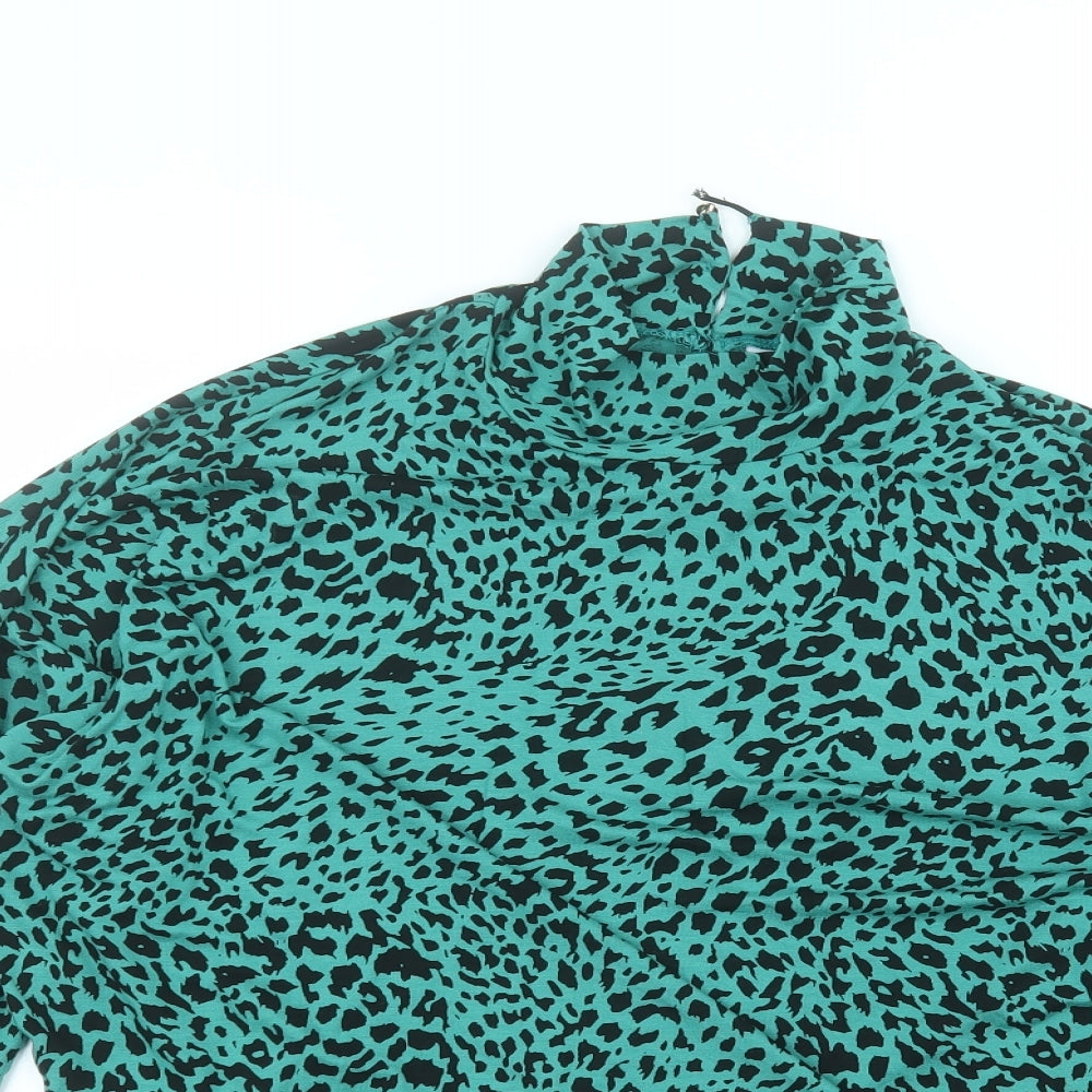 New Look Womens Green Animal Print Polyester Basic T-Shirt Size 14 Round Neck