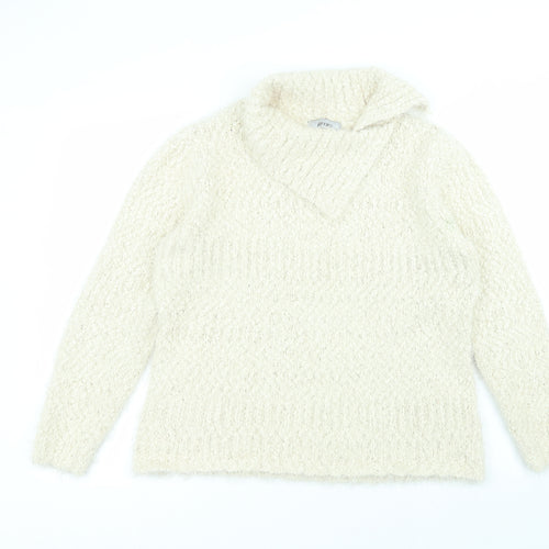 alexare Womens White Collared  Polyester Pullover Jumper Size L