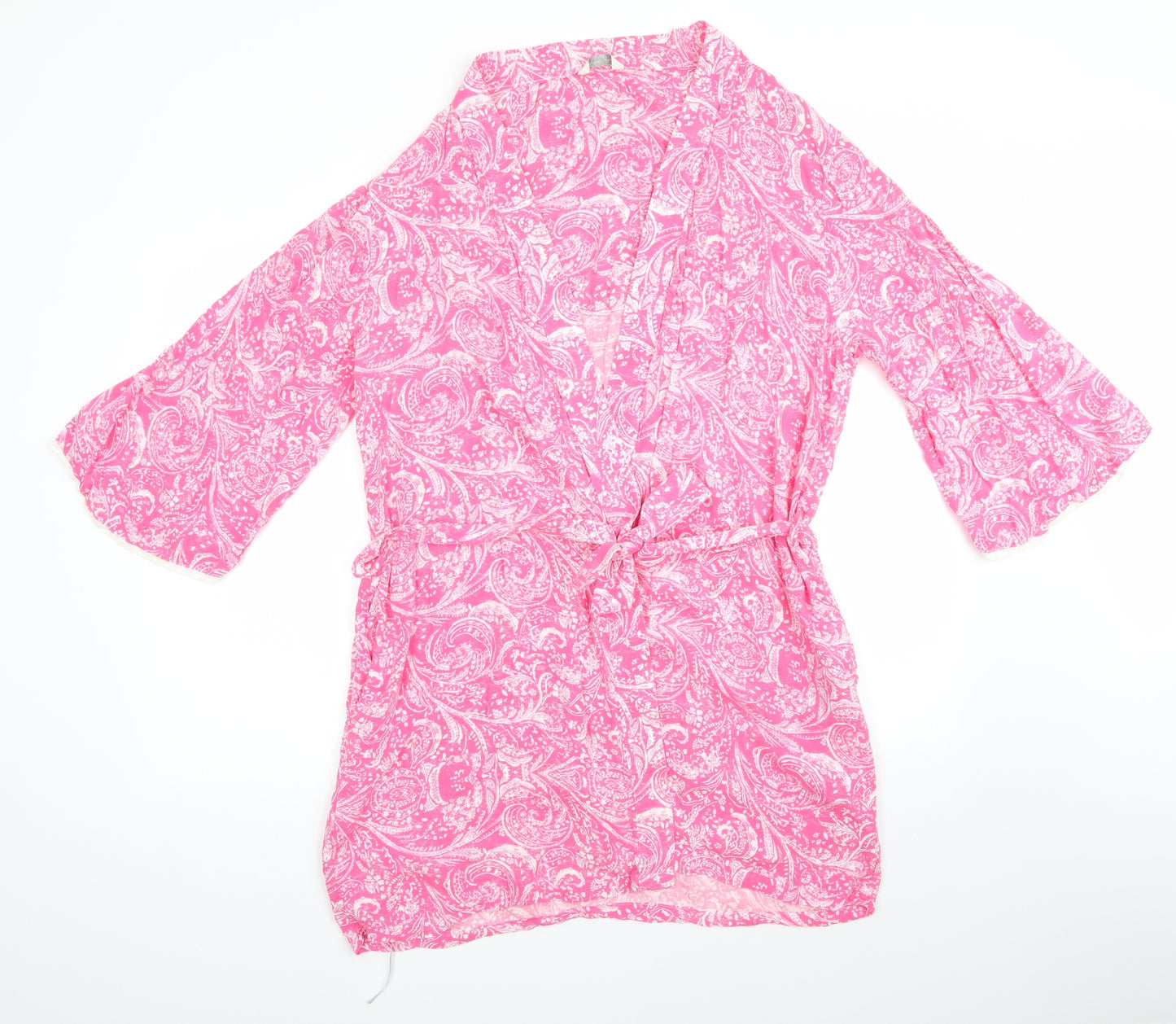 Marks and Spencer Womens Pink Paisley Viscose  Gown Size 12   - Lace trim on sleeves Coral & White