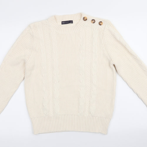 Marks and Spencer Womens Ivory Round Neck  Cotton Pullover Jumper Size M   - Buttons on shoulder Cable Knit