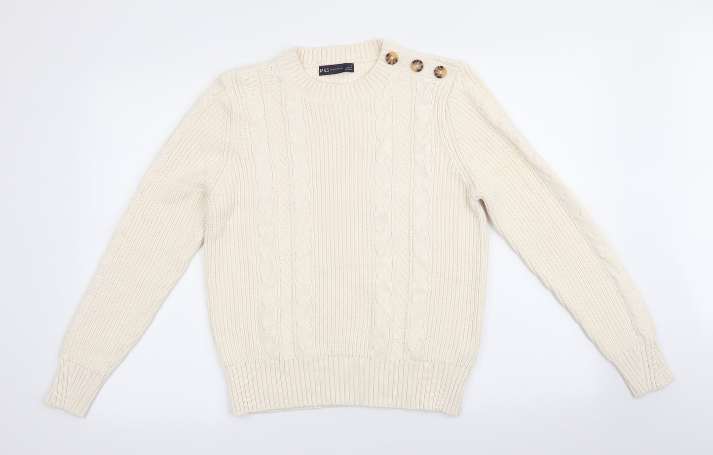 Marks and Spencer Womens Ivory Round Neck  Cotton Pullover Jumper Size M   - Buttons on shoulder Cable Knit