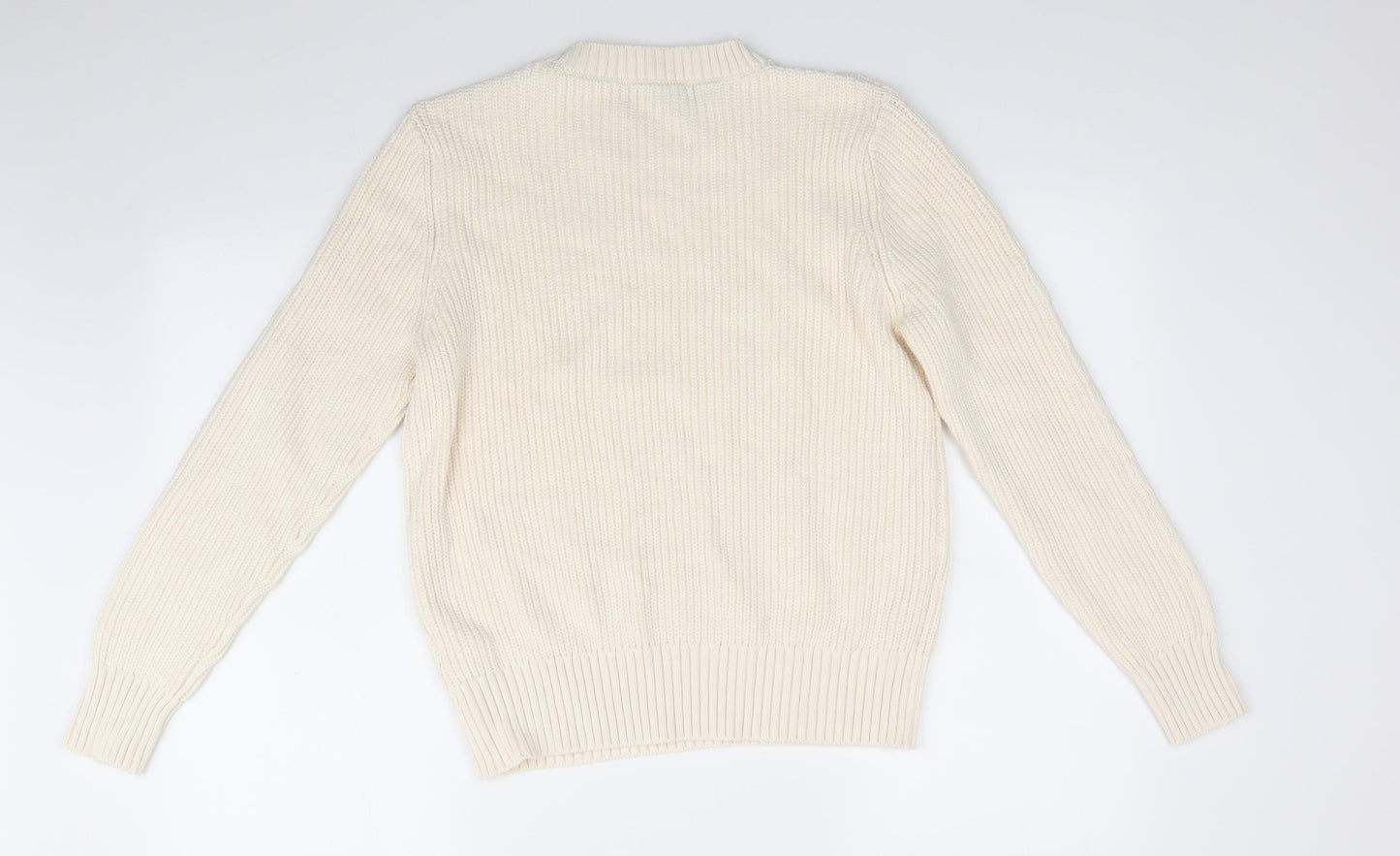 Marks and Spencer Womens Ivory Round Neck  Cotton Pullover Jumper Size M   - Buttons on shoulder Cable Knit