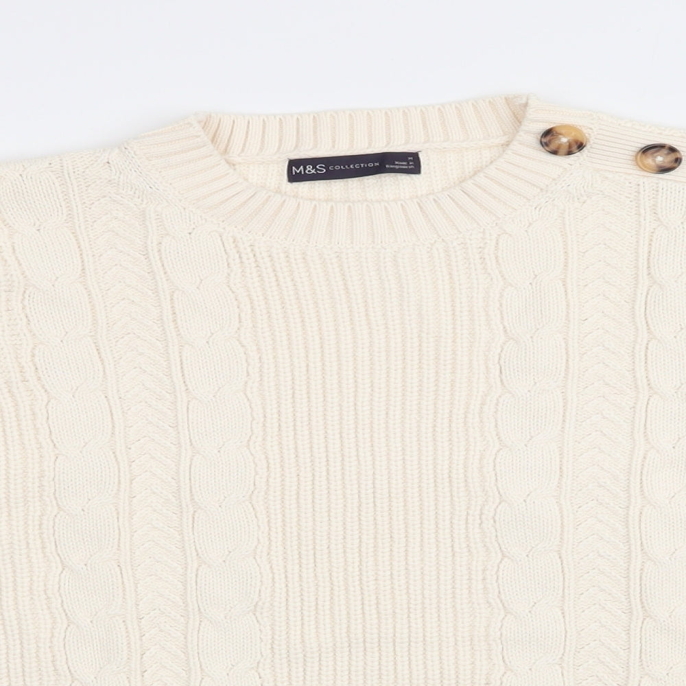 Marks and Spencer Womens Ivory Round Neck  Cotton Pullover Jumper Size M   - Buttons on shoulder Cable Knit