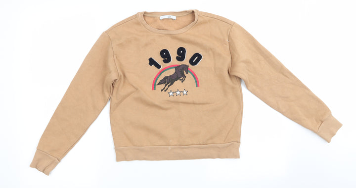Marks and' Girls Brown Animal Print Cotton Pullover Sweatshirt Size 10-11 Years   - Camel Colour Jumping Horse 1990