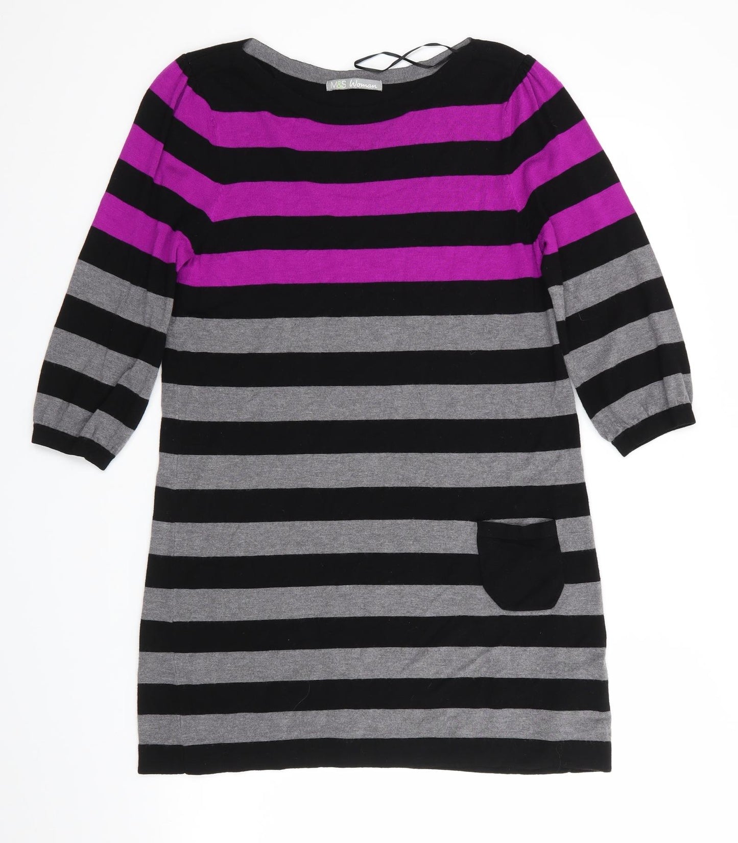 Marks and Spencer Womens Black Striped Viscose Jumper Dress  Size 12  Boat Neck  - Cerise Black Grey