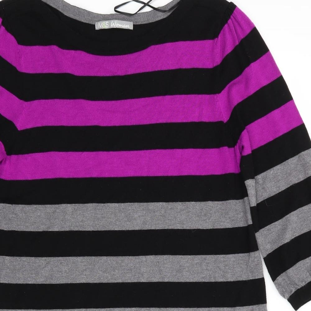 Marks and Spencer Womens Black Striped Viscose Jumper Dress  Size 12  Boat Neck  - Cerise Black Grey