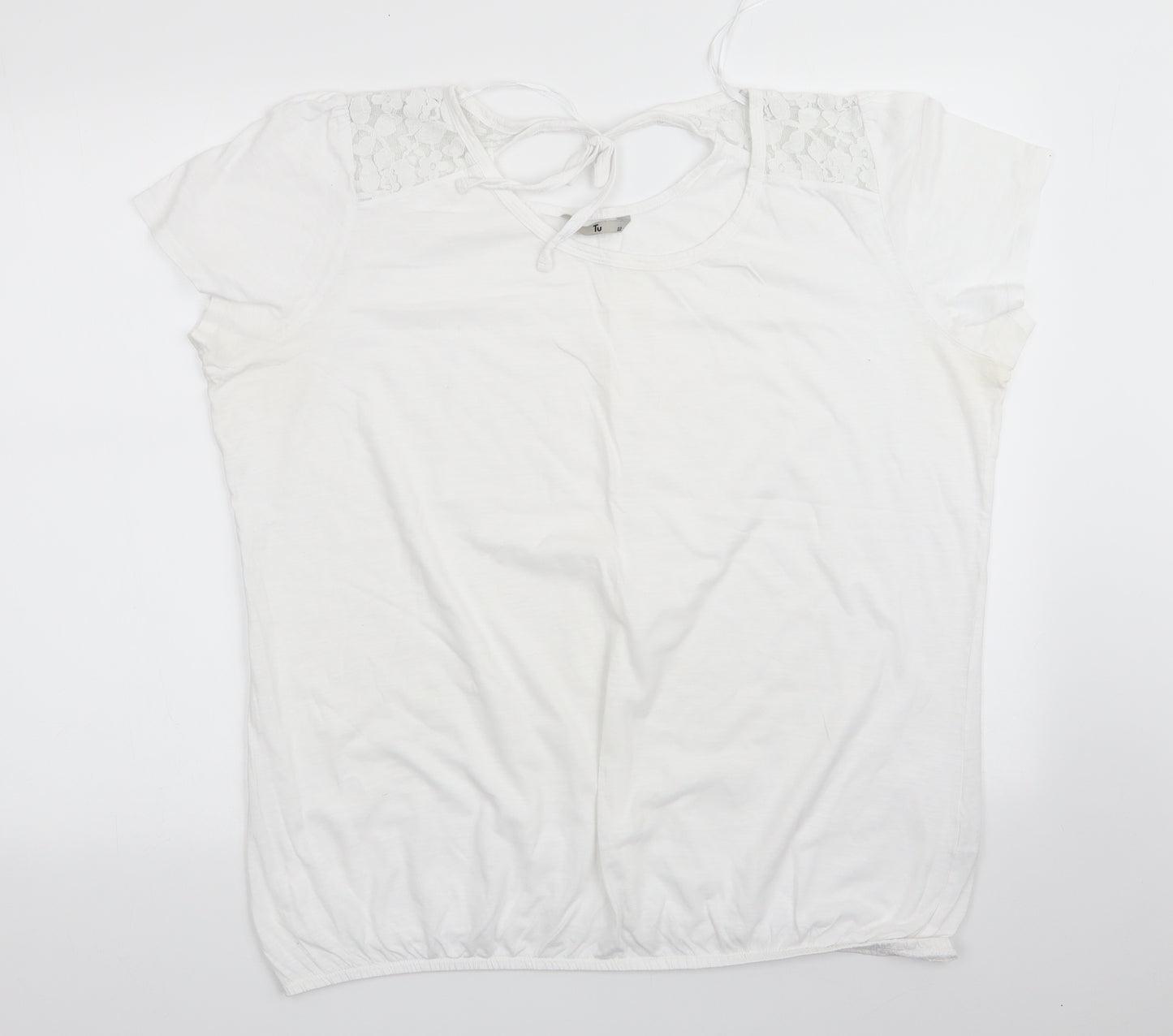 TU Womens White Floral Cotton Basic T-Shirt Size 22 Round Neck - Lace Shoulders Tie back neck
