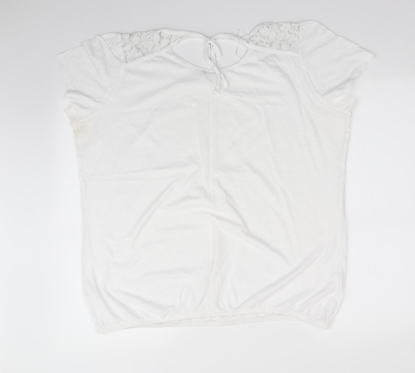 TU Womens White Floral Cotton Basic T-Shirt Size 22 Round Neck - Lace Shoulders Tie back neck