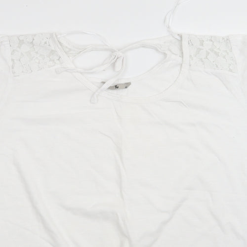 TU Womens White Floral Cotton Basic T-Shirt Size 22 Round Neck - Lace Shoulders Tie back neck