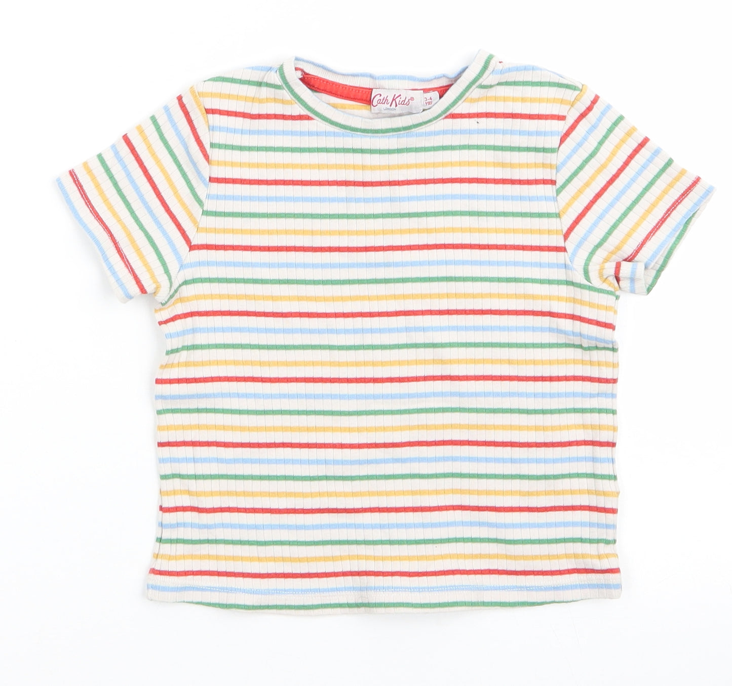 Cat Kids Boys Multicoloured Striped Cotton Basic T-Shirt Size 3-4 Years Round Neck  - Orange Yellow Green Blue