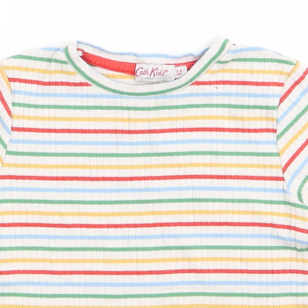 Cat Kids Boys Multicoloured Striped Cotton Basic T-Shirt Size 3-4 Years Round Neck  - Orange Yellow Green Blue