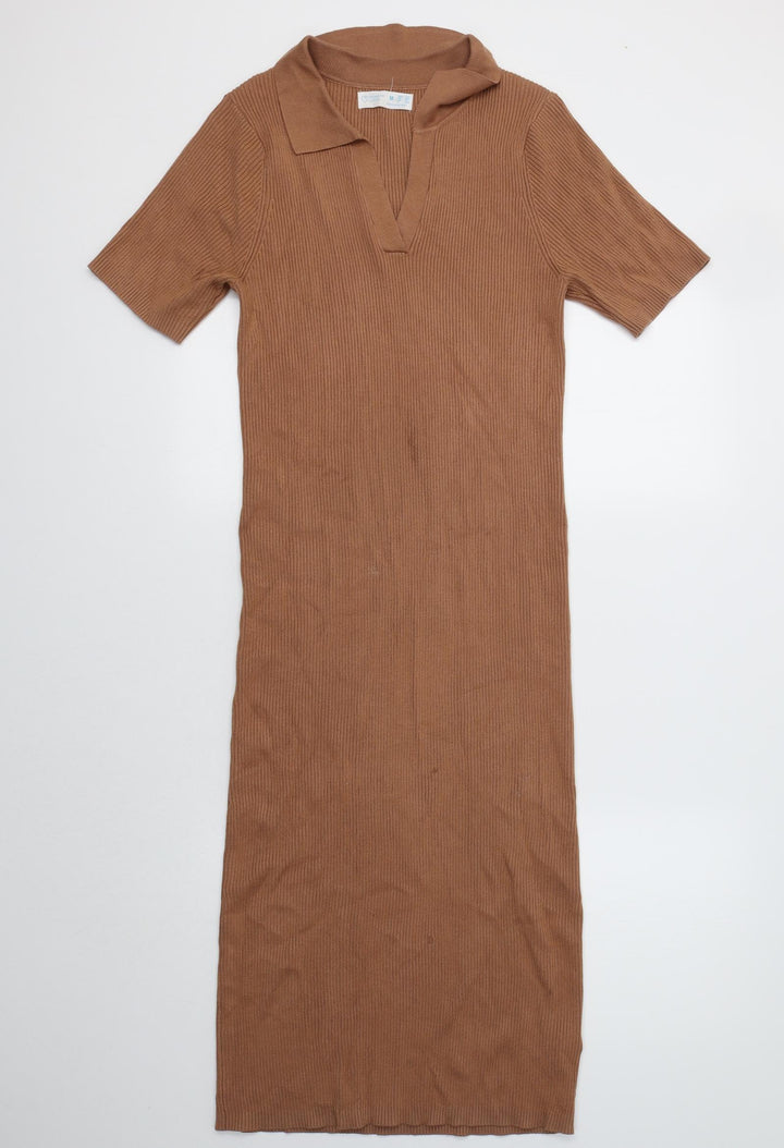 Primark Womens Brown Viscose Bodycon Size M Collared