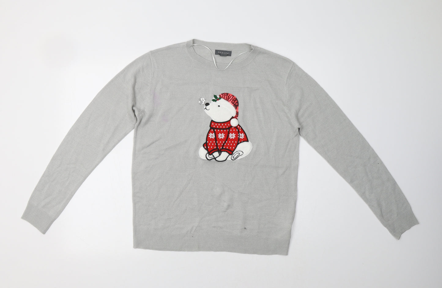 Primark Womens Grey Crew Neck  Acrylic Pullover Jumper Size S   - Polar Bear Christmas