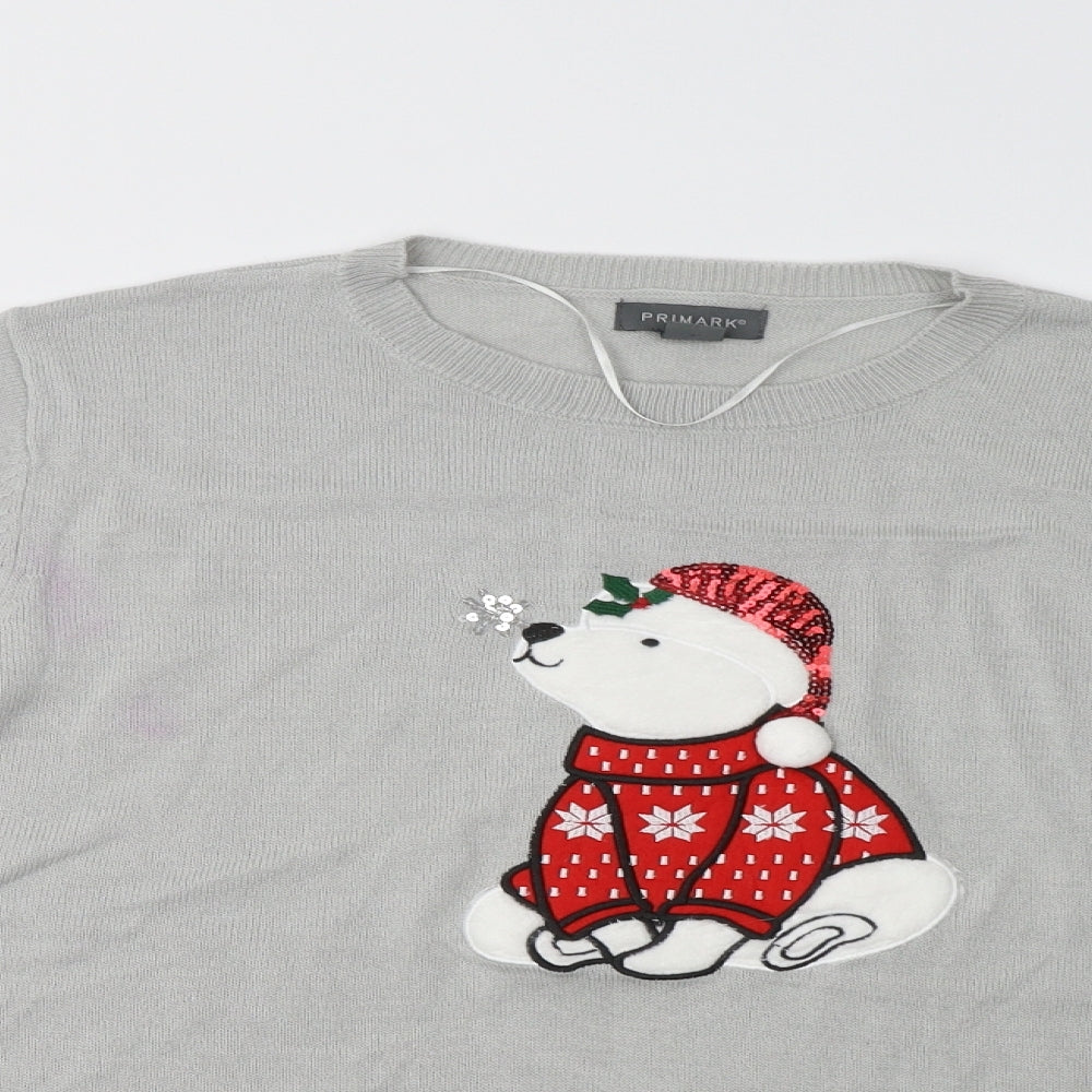 Primark Womens Grey Crew Neck  Acrylic Pullover Jumper Size S   - Polar Bear Christmas