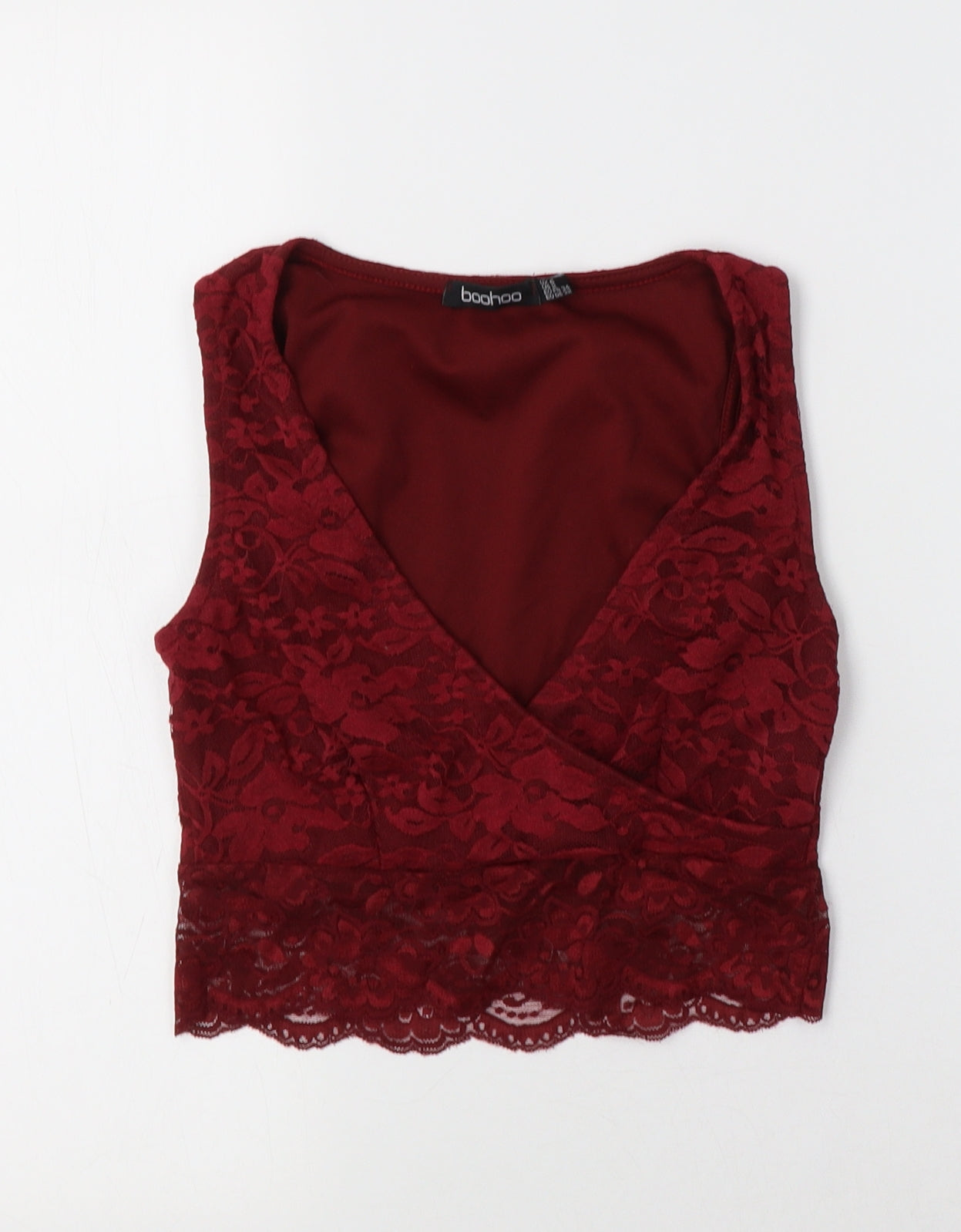 Boohoo Womens Red Floral Polyester Cropped T-Shirt Size 6 V-Neck