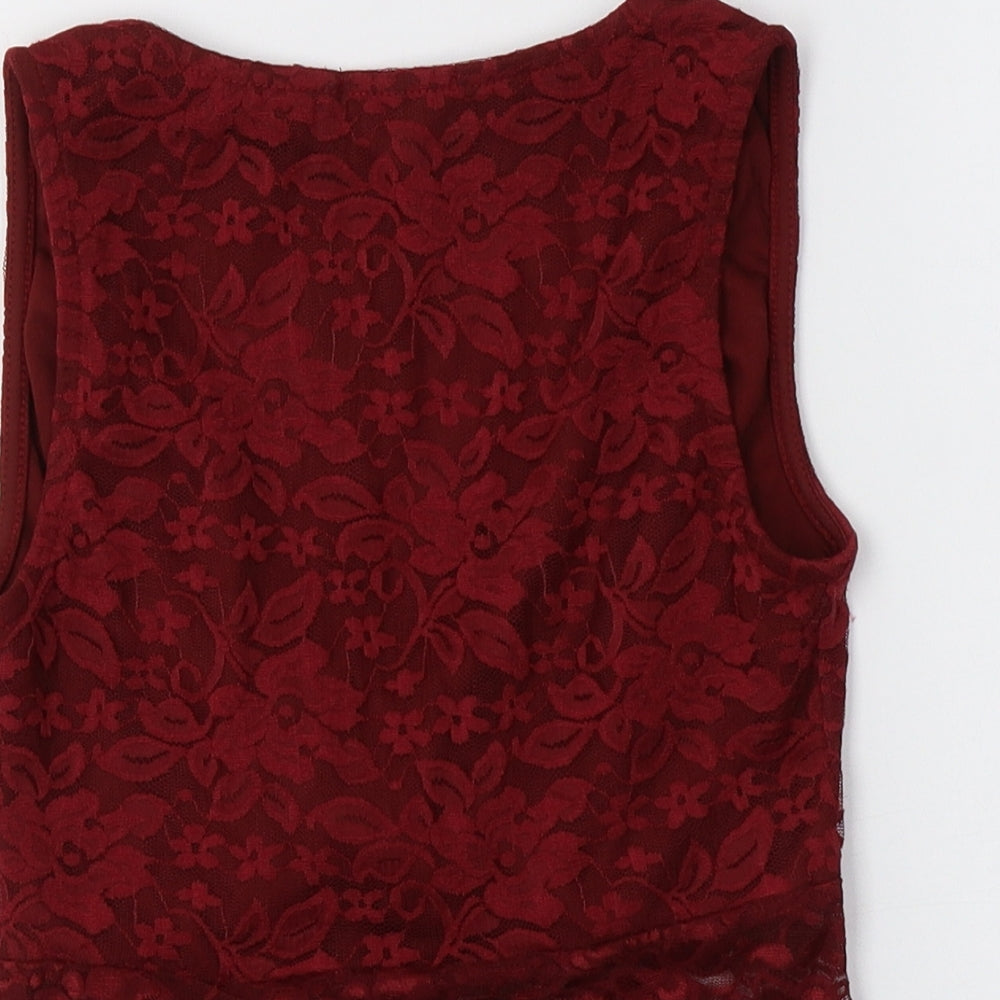 Boohoo Womens Red Floral Polyester Cropped T-Shirt Size 6 V-Neck