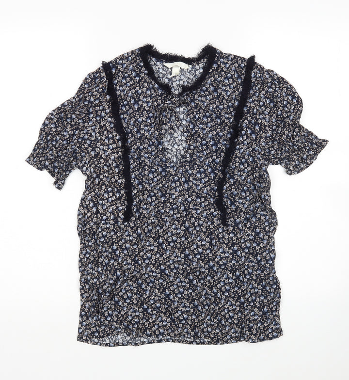 H&M Womens Blue Floral Viscose Basic Blouse Size 10 V-Neck