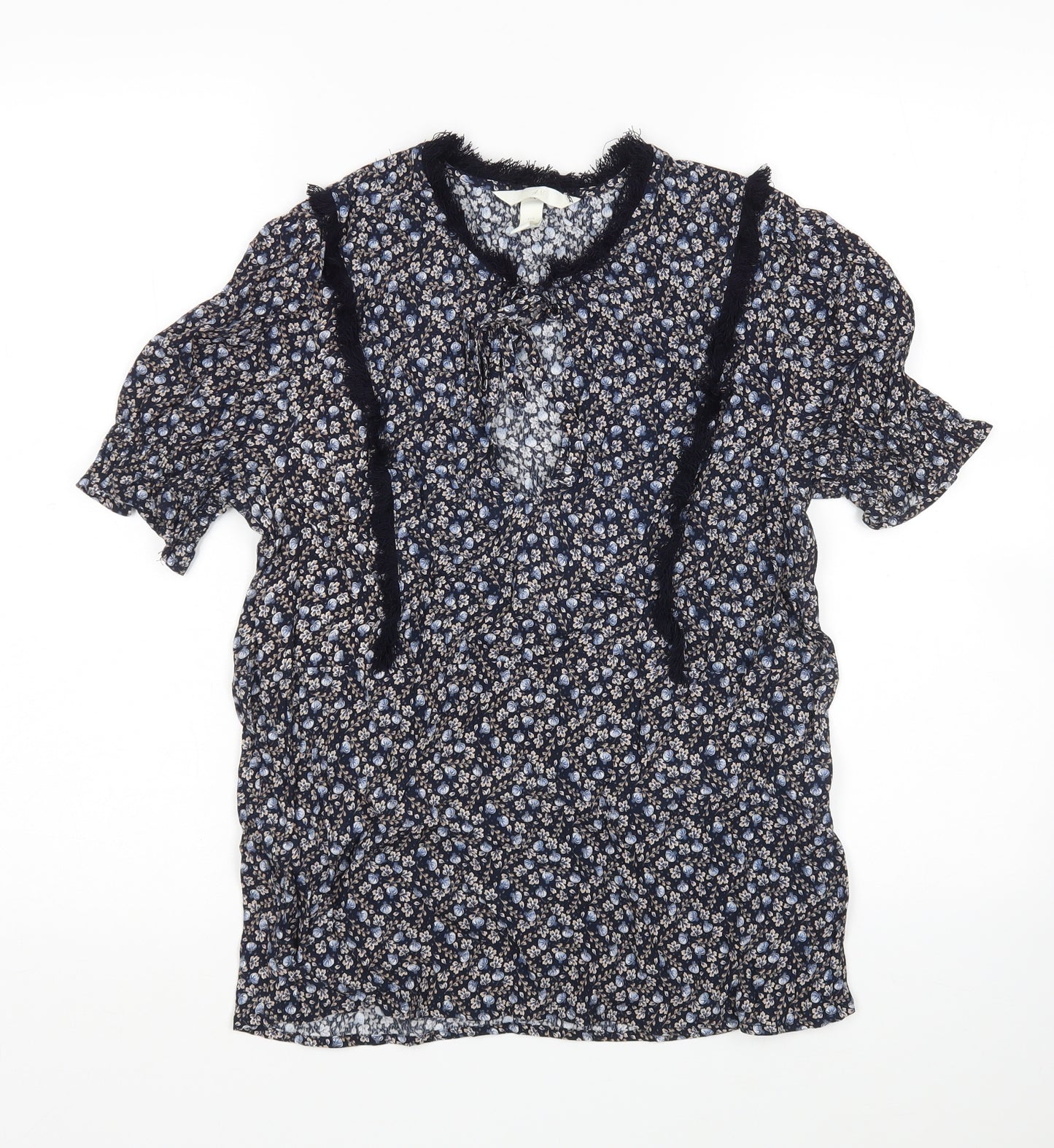H&M Womens Blue Floral Viscose Basic Blouse Size 10 V-Neck