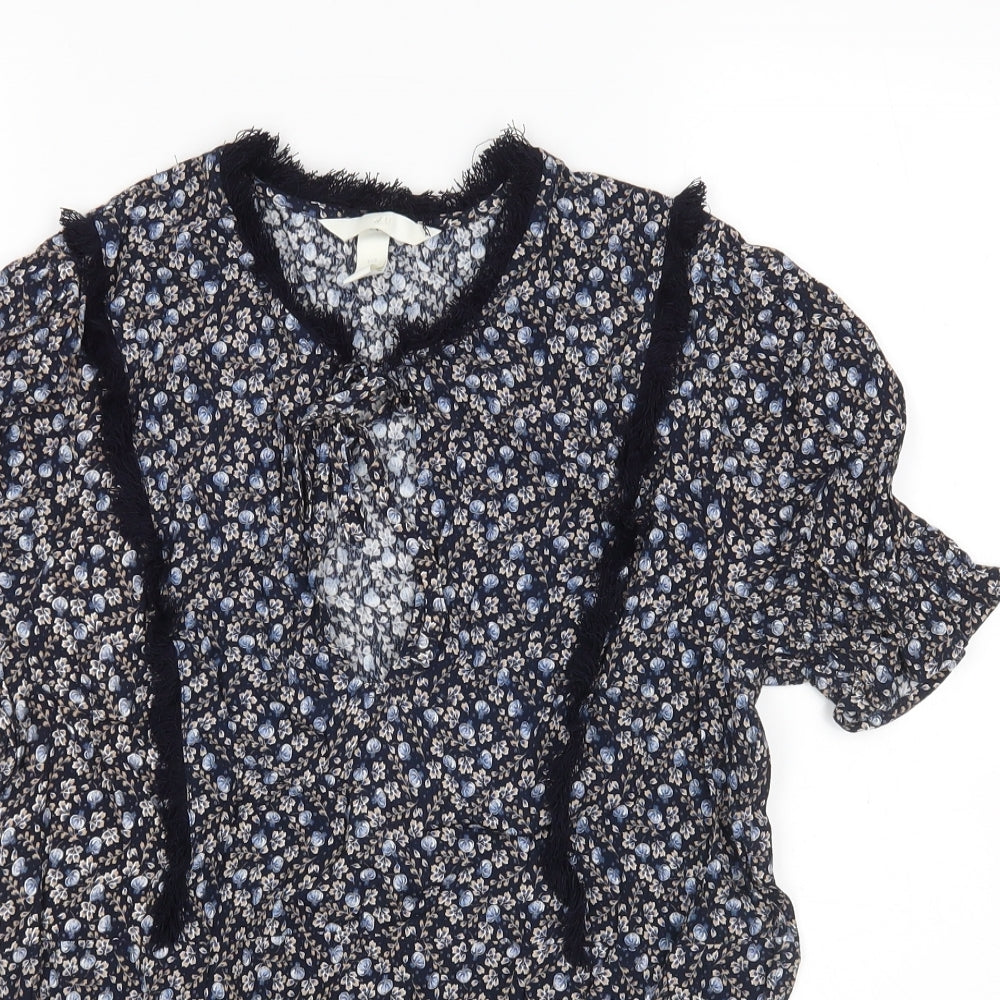 H&M Womens Blue Floral Viscose Basic Blouse Size 10 V-Neck