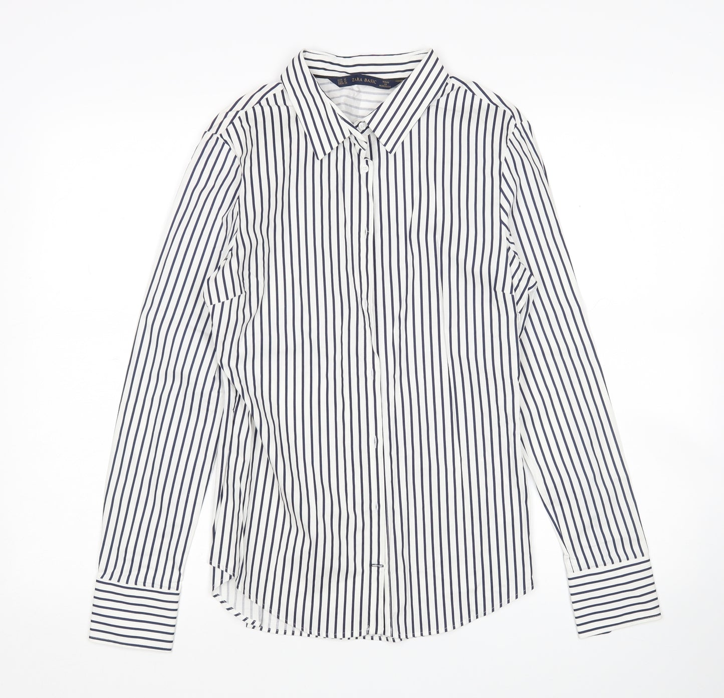 Zara Womens Multicoloured Striped Cotton Basic Button-Up Size 14 Collared