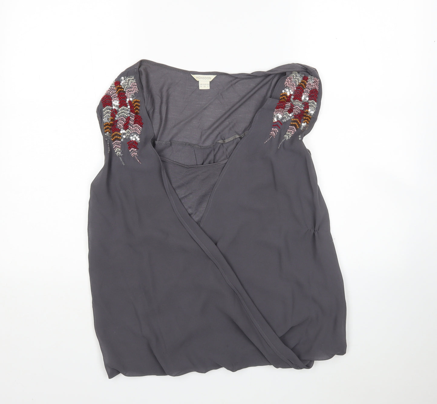 Monsoon  Womens Grey  Polyester Basic Blouse Size 10 V-Neck