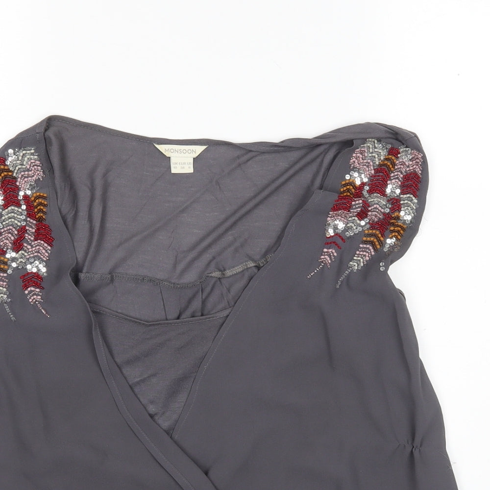 Monsoon  Womens Grey  Polyester Basic Blouse Size 10 V-Neck