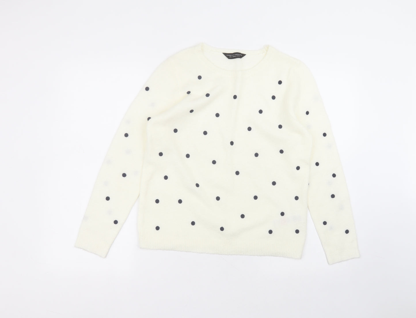 Dorothy Perkins Womens White Round Neck Polka Dot Acrylic Pullover Jumper Size 12