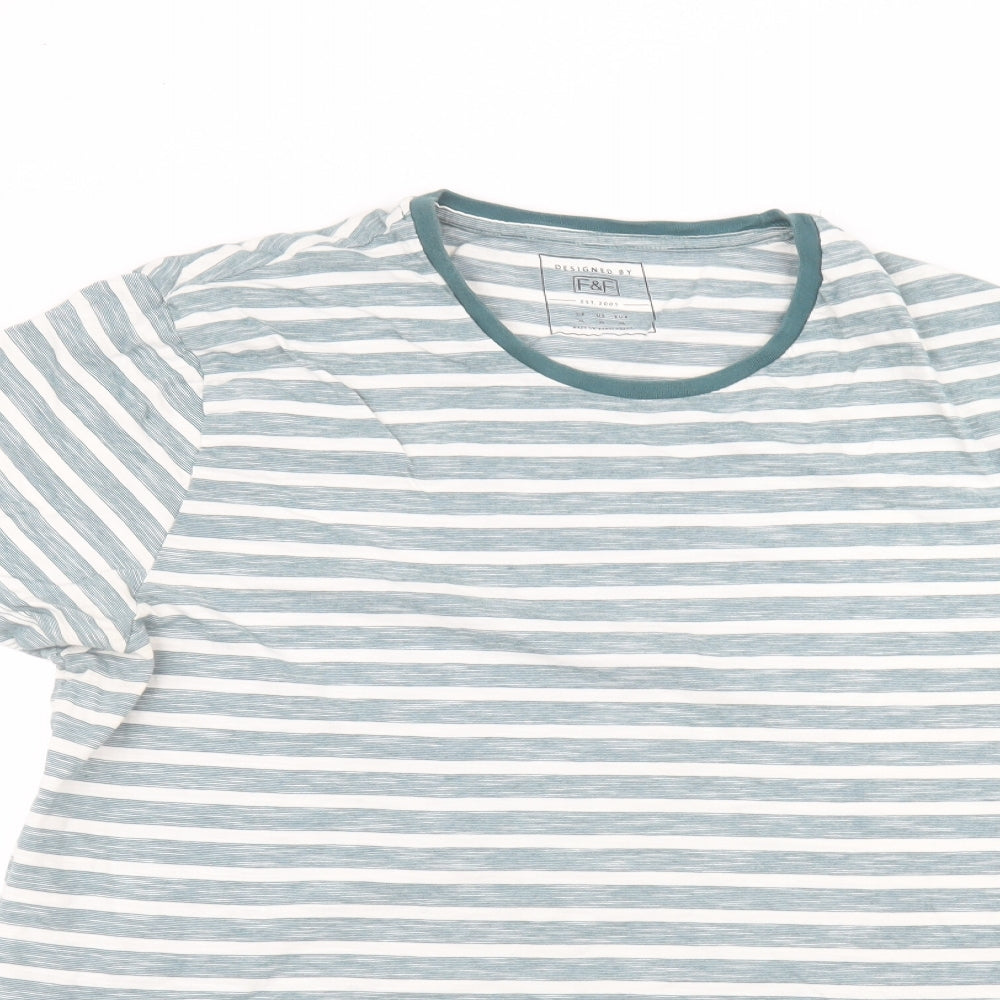 F&F Mens White Striped Cotton Basic T-Shirt Size XL Round Neck