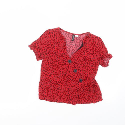 H&M Womens Red Animal Print Viscose Basic T-Shirt Size 8 Round Neck