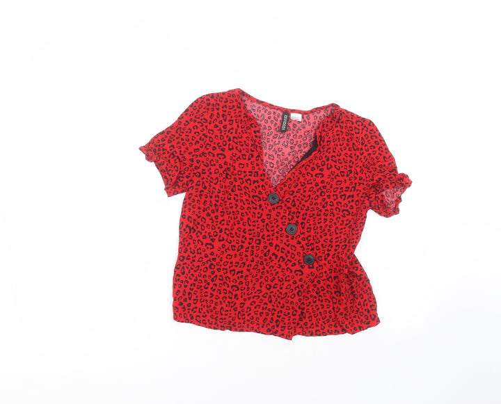 H&M Womens Red Animal Print Viscose Basic T-Shirt Size 8 Round Neck