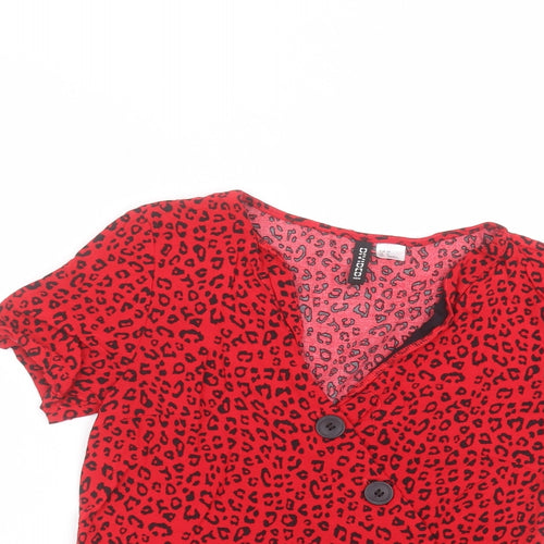 H&M Womens Red Animal Print Viscose Basic T-Shirt Size 8 Round Neck