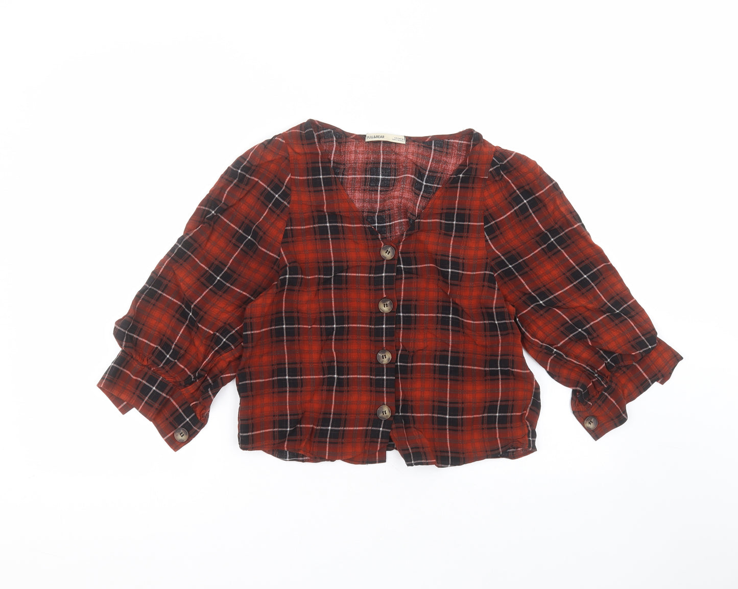 Pull&Bear Womens Red  Polyester Basic Button-Up Size S V-Neck
