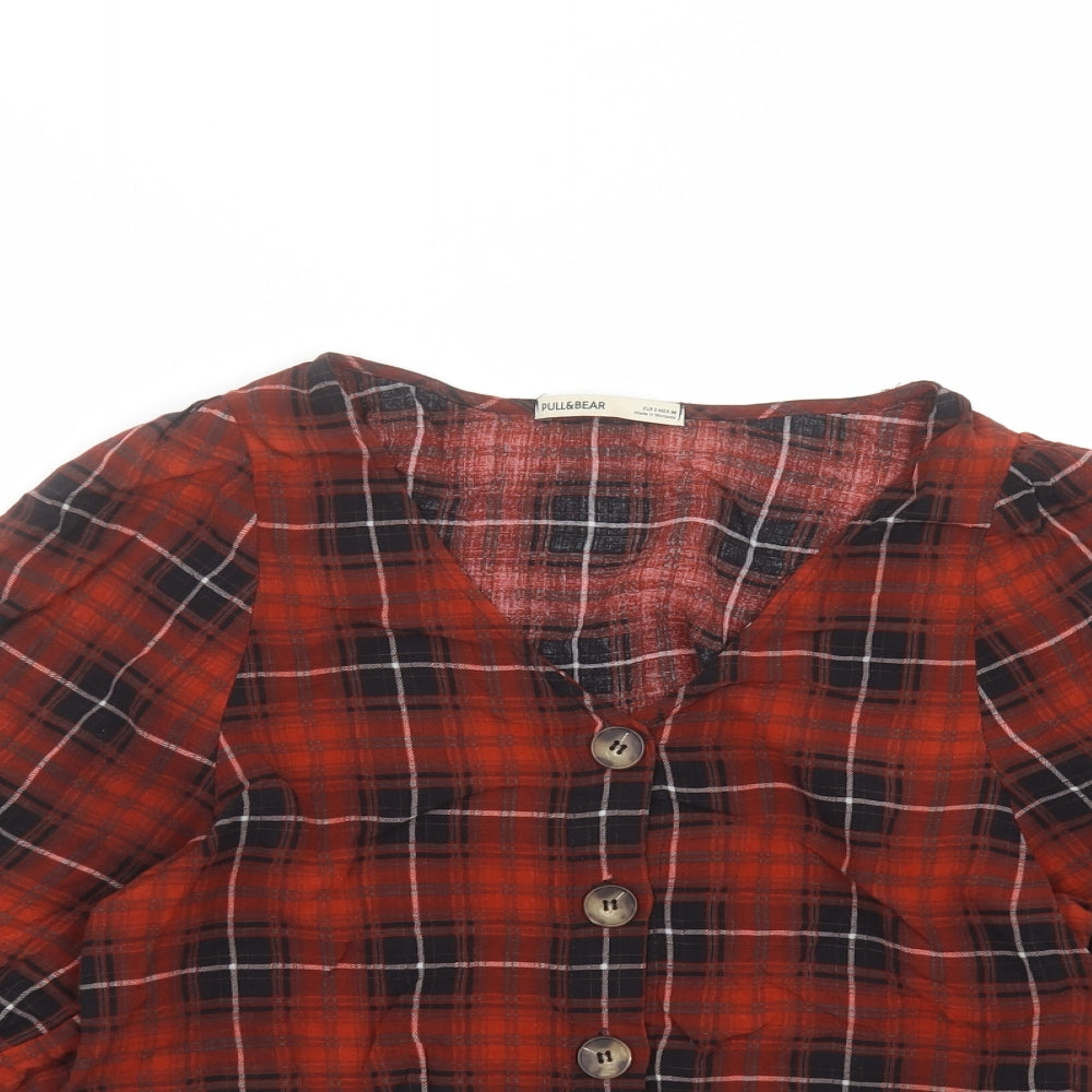 Pull&Bear Womens Red  Polyester Basic Button-Up Size S V-Neck
