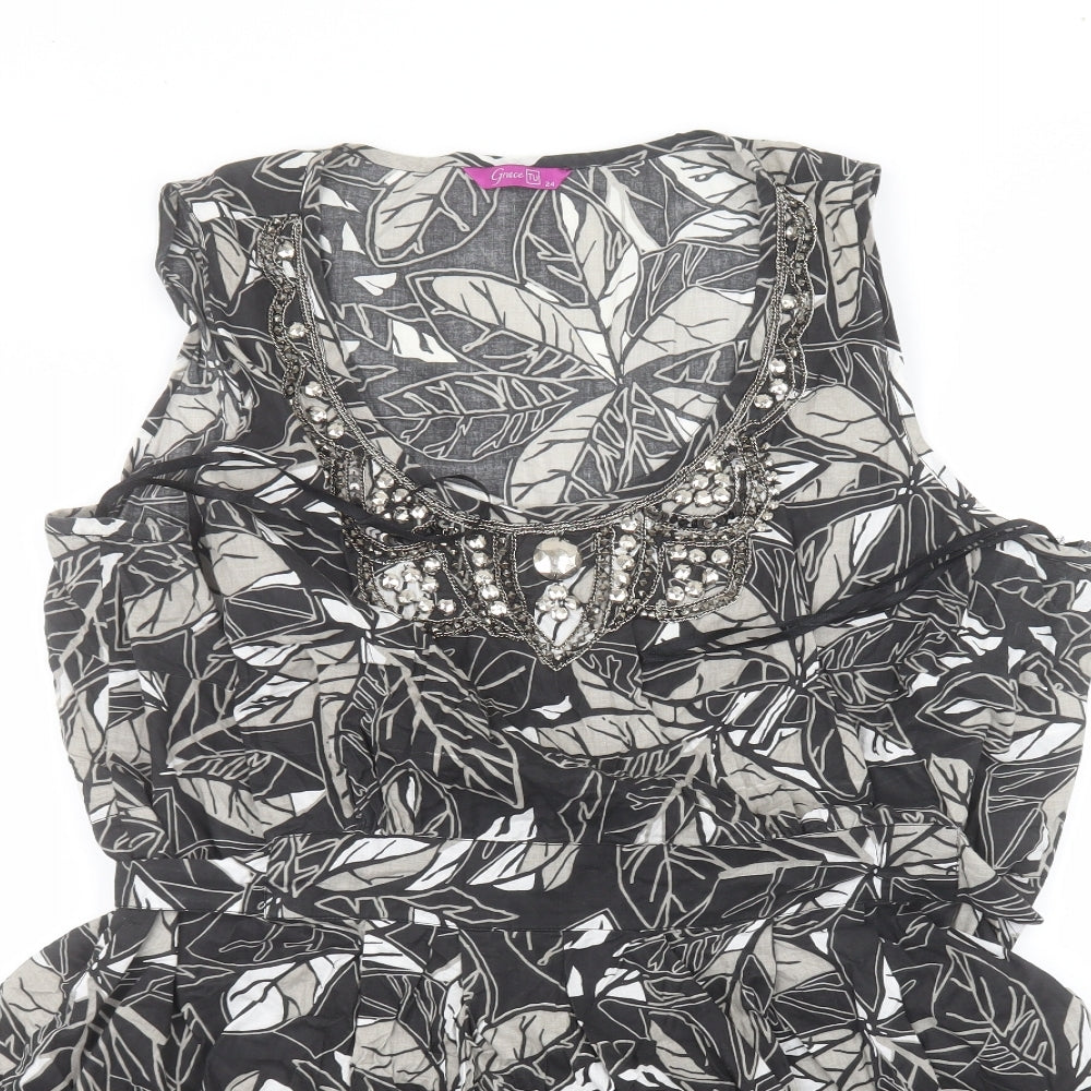 TU Womens Black Floral Cotton A-Line  Size 24  Round Neck