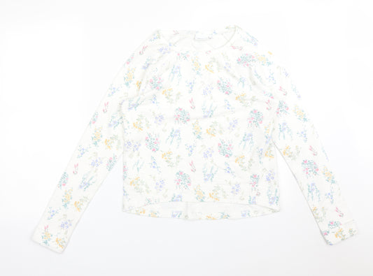 Front view of Next women’s white floral cotton basic t-shirt, size UK 6, crew neck