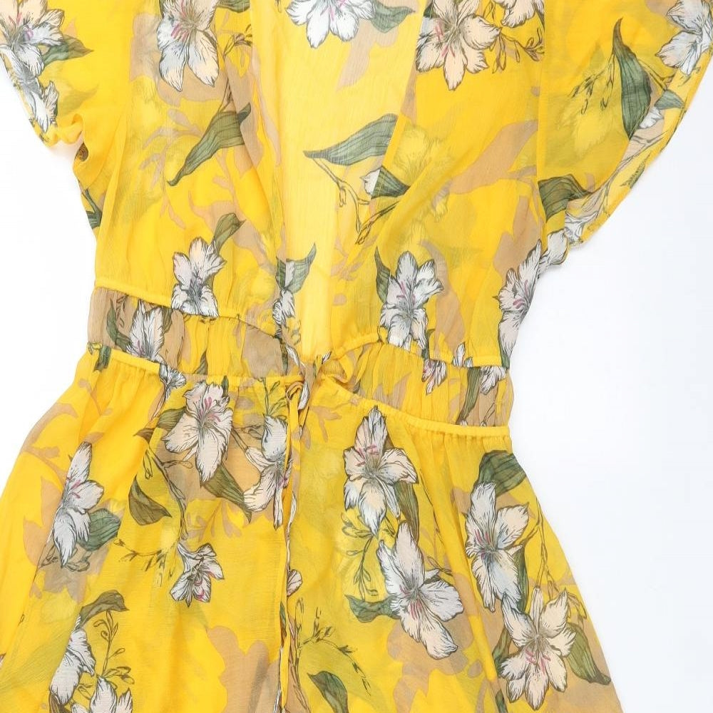 River Island Womens Yellow V-Neck Floral Polyester Wrap Jumper Size 8