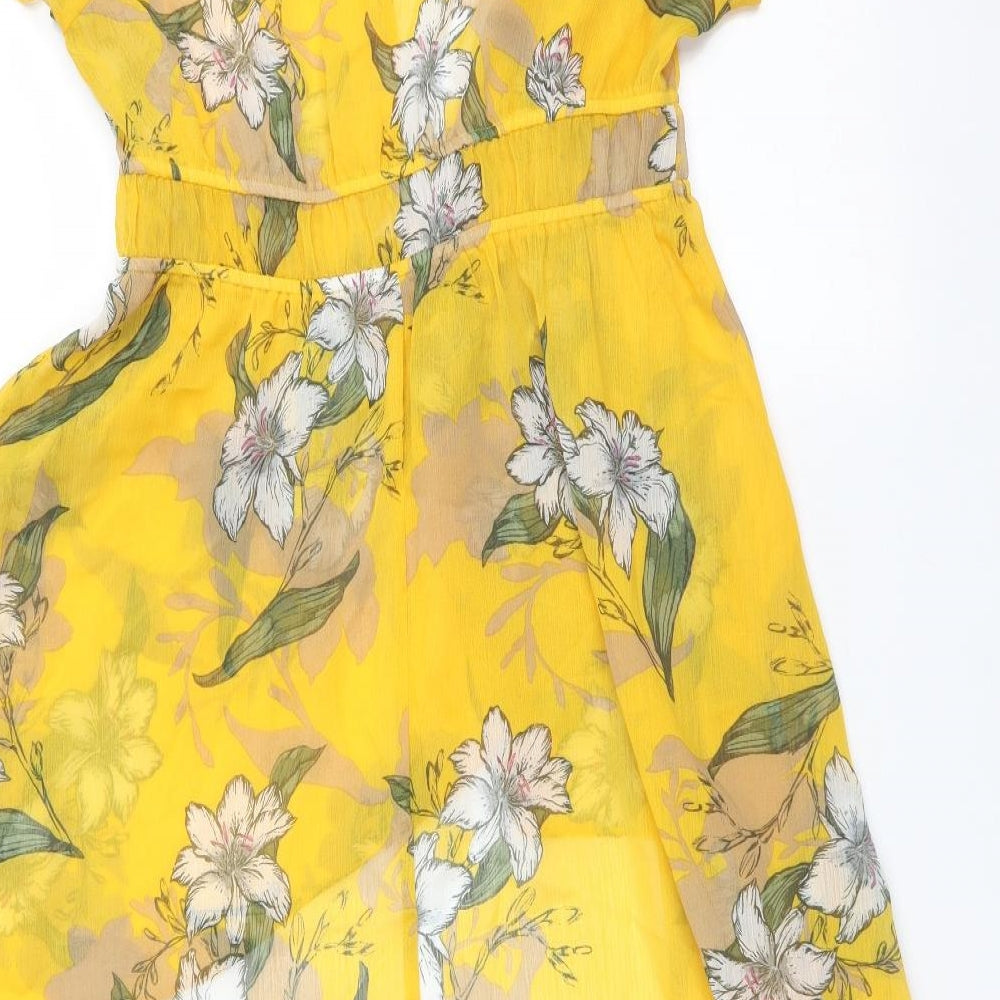 River Island Womens Yellow V-Neck Floral Polyester Wrap Jumper Size 8
