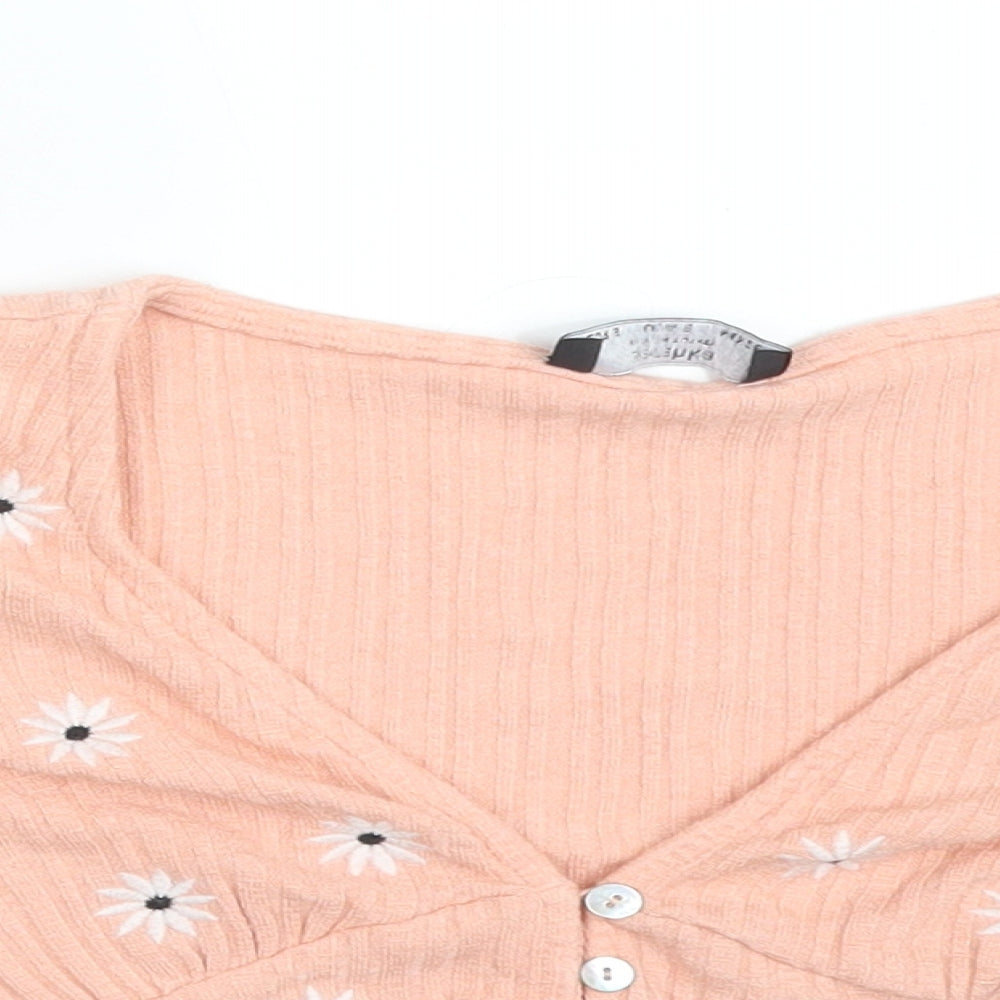 Bershka Womens Pink Floral  Basic T-Shirt Size S V-Neck