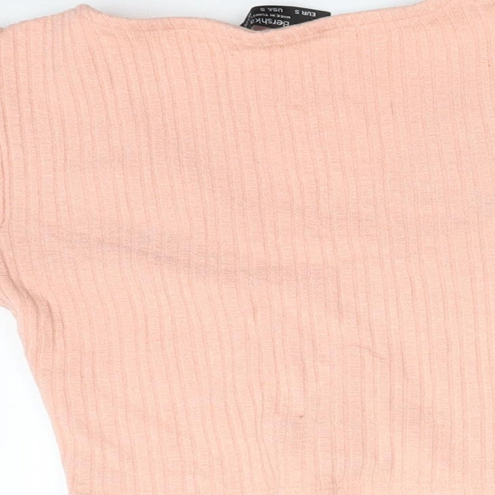 Bershka Womens Pink Floral  Basic T-Shirt Size S V-Neck